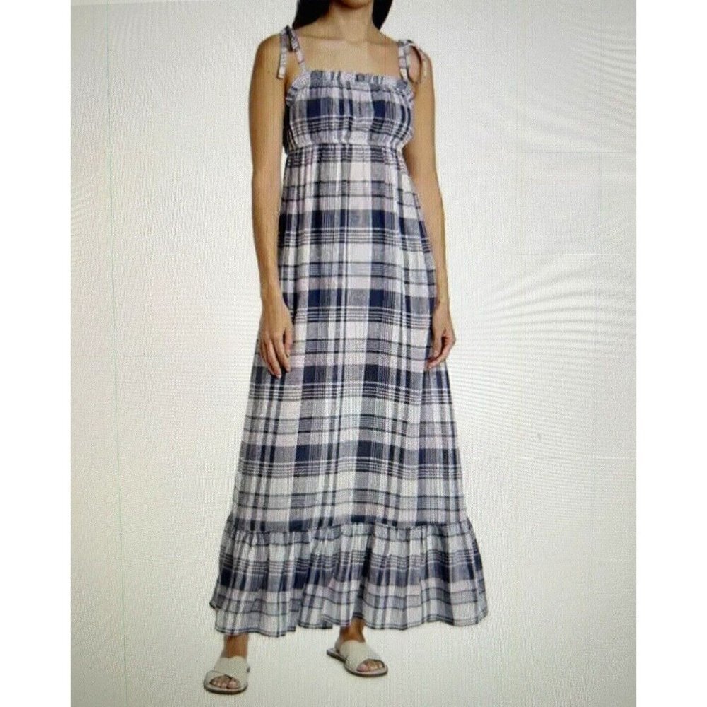 AQUA for Bloomingdale's Navy Pink Plaid Pull-Over Tie Up Shoulder Maxi Dress